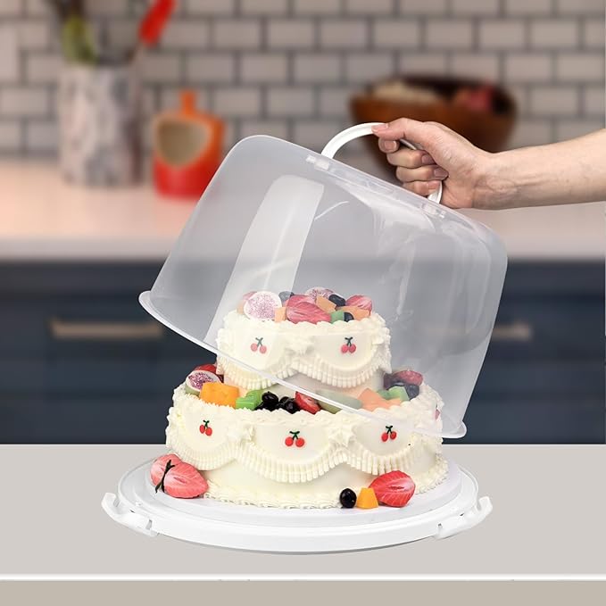 Round Cake Carrier Box with Lid and Handle, Transportation Insulated Bag for Cakes, Cupcakes and Pies, Triple Locking Design for Safe Transportation (Grey, 12 * 12 * 7.9 Inch)