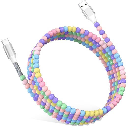 Jelanry 3FT USB-A to USB-C Fast Charging Cable Beaded &ampData Sync Women Girl | Cute kawaii beaded cable for iPhone 17/16/15 Samsung S26/S25/S24 Pixel iPad Fast charge for daily use office &amp tra