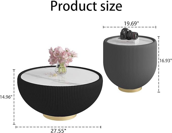 Round Coffee Table Set with Sintered Stone Tabletop, 27.56" Black Drum Center Table and 19.69" Grey Coffee Table Set, 2 Pieces Living Room Table Set with Fluted PU Leather Cover& Metal Base