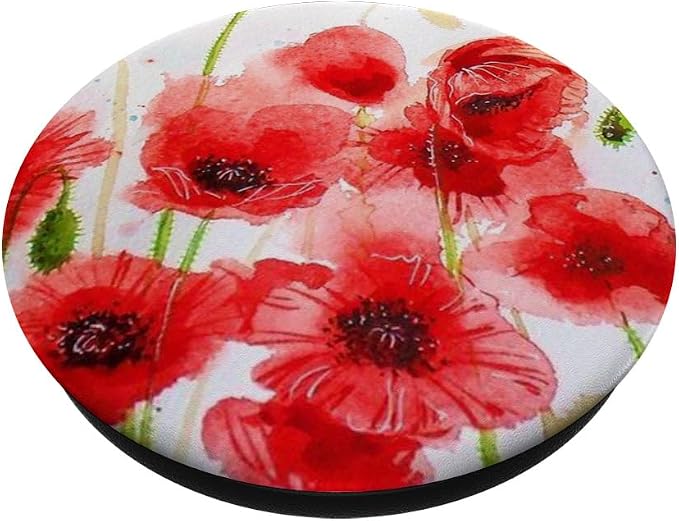Watercolor Red Poppy Flower on White Background Pattern Grip PopSockets Adhesive PopGrip