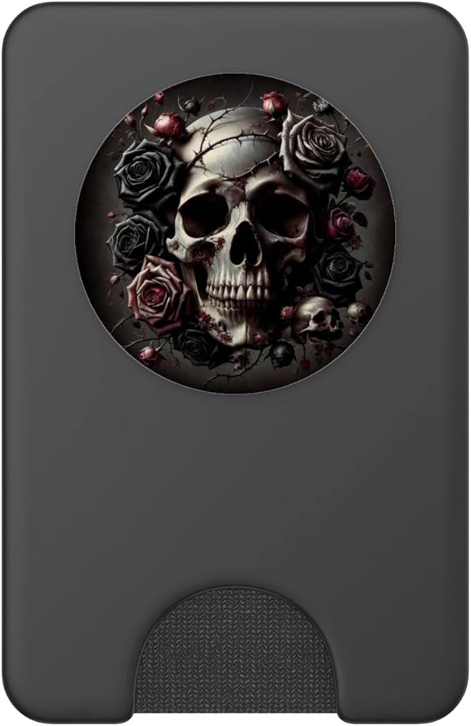 Skull and Roses Floral Black Dark Goth Horror Skull PopSockets PopGrip for MagSafe