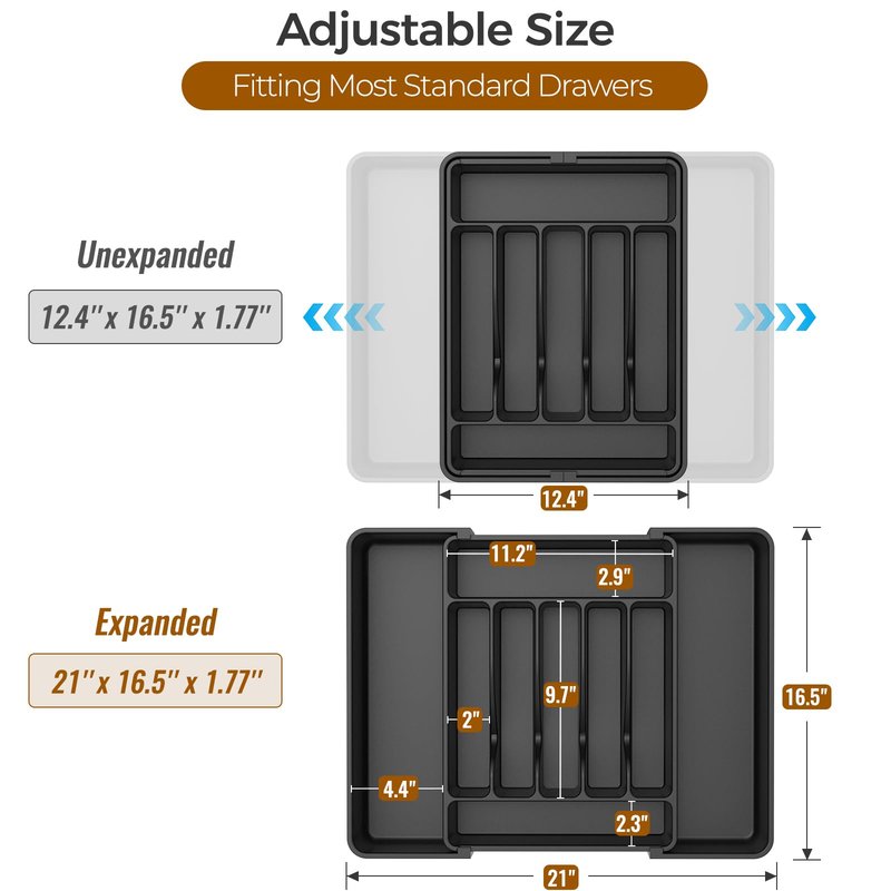 ukeetap Extra Large Expandable Silverware Organizer, BPA-Free Food-Safe Cutlery Flatware Organizer, Kitchen Utensil Drawer Organizer, Adjustable Silverware Holder for Spoons Forks Knives, Black