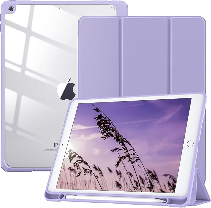 TiMOVO Case for iPad 9th/8th/7th Generation 10.2 inch Black | Pencil Holder Slim Trifold Stand Protective Cover Clear Transparent Back Shell Auto Wake/Sleep