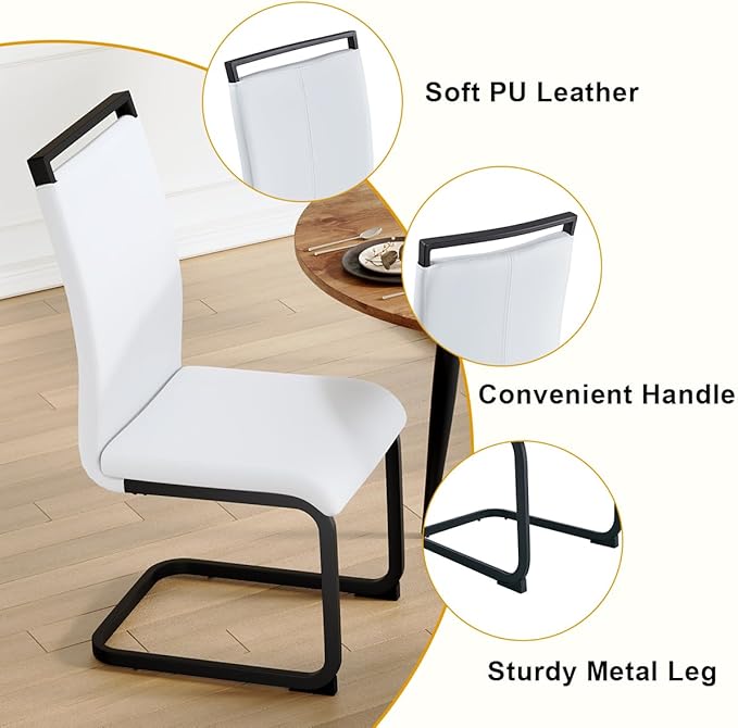 42"-54" Extendable Dining Table Set for 4, Round Dining Table Set for 4, 0.73" Thick Wood Tabletop with Smooth Edge, Black Metal Leg with Non-Slip Footmat, 4 Soft PU Chairs, for Kitchen, Small Space