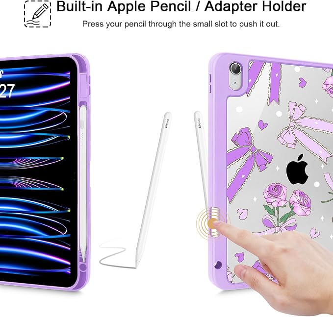 Tuiklol Case for iPad Air 11 Inch M4 2026 / Air 11 Inch M3 2025 / Air 11 Inch M2 2024 / iPad Air 10.9 Inch 2022 2020 Buit in Pencil Holder with Shockproof Cover Clear Transparent Back Black Flower