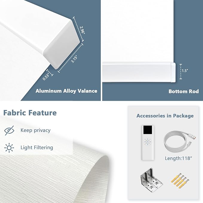 COOLWINDS Motorized Blinds with Remote Cordless Automatic Motorized Shades Custom Blinds for Windows Smart Curtains Compatible with Alexa Google Home(Light Filtering Jacquard White,W31 x H72in)