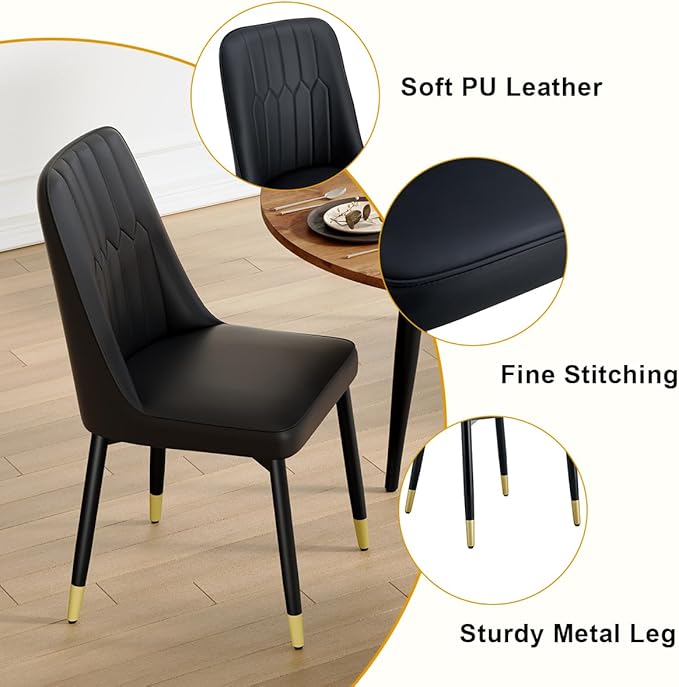 42"-54" Extendable Dining Table Set for 4, Round Dining Table Set for 4, 0.73" Thick Wood Tabletop with Smooth Edge, Black Metal Leg with Non-Slip Footmat, 4 Soft PU Chairs, for Kitchen, Small Space
