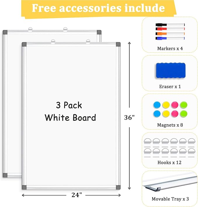 3 Pack Double-Sided Magnetic Whiteboard, 36" x 24" Dry Erase Board, Aluminum Frame White Board for Wall, Hanging Mounting White Board Dry Erase Marker Board for Office, School, Home