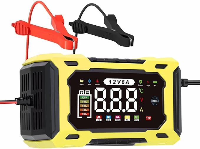 6-Amp 12V Smart Car Battery Charger, Battery Maintainer Trickle Charger with Desulfator, Pulse Repair & Overcharge Protection - for Car Lawn Mower Marine Lead-Acid Batteries (Yellow)