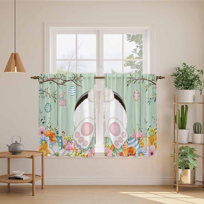 Easter Kitchen Curtains 54 Inch Long 2 Panel Set, Rod Pocket Window Curtains