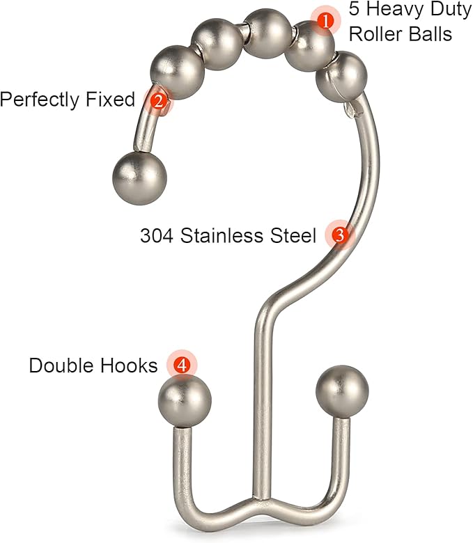 Shower Curtain Hooks, Goowin Shower Curtain Rings, Stainless Steel Shower Curtain Hooks Rust Proof Free Sliding Double Shower Hooks for Curtain, Shower Curtains & Liners (Matte Nickel)