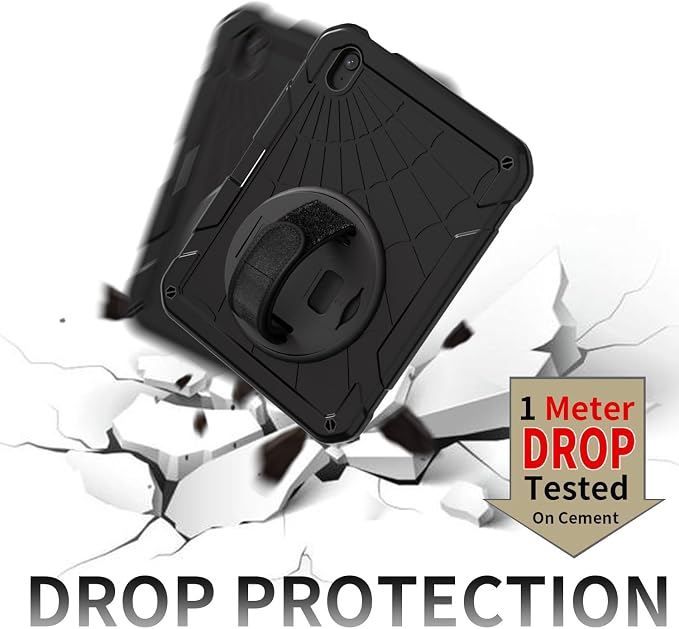 for iPad (A16) 11th/10th Generation Case 2025/2022 (11″/10.9″) Sturdy Heavy Duty Full-Body Shockproof Protective Case Rotating Stand Hand/Shoulder Strap (Black)