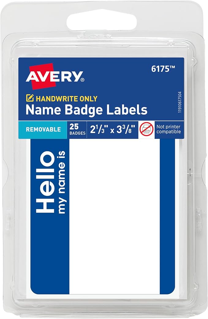 Avery Customizable Name Tags, Hello My Name is, 2-1/3" x 3-3/8", White, Blue Border, Removable Adhesive, Non-Printable, 25 Total (6175)