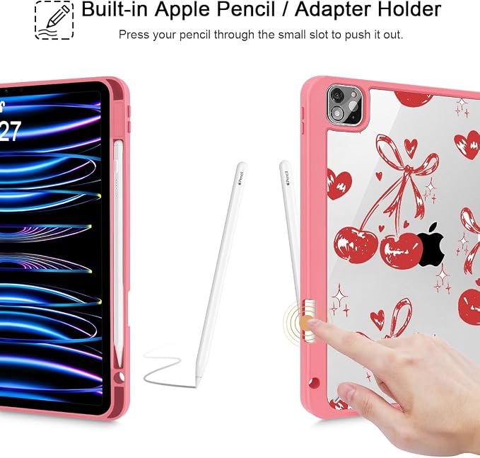 Mektron Case for iPad Pro 11 inch Case M2 2022 Generation 4th Fit 2021 2020 2018 iPad Pro 11 (3rd 2nd &amp 1st Gen) -Buit in Pencil Holder with Shockproof Cover Clear Shell Blue Bows &amp Flower