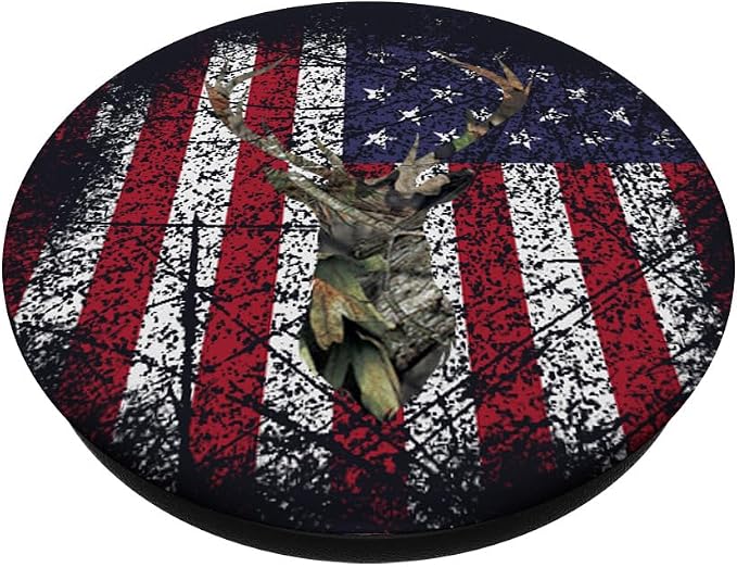 Deer Buck Hunting USA Flag Brown Camouflage Red White Blue PopSockets Adhesive PopGrip
