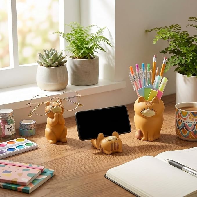 3 PS Cat Shaped Phone Holder and Eyeglass Frame with Pen Holder Animal Resin Gift for cat Enthusiasts Home and Office Fashion Accessories-Brown