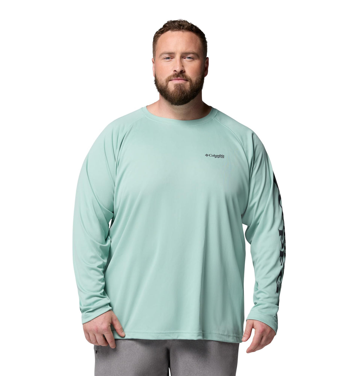Columbia Men's PFG Terminal Tackle Long Sleeve Fishing Shirt, Misty Jade/Shark Logo, X-Large Tall