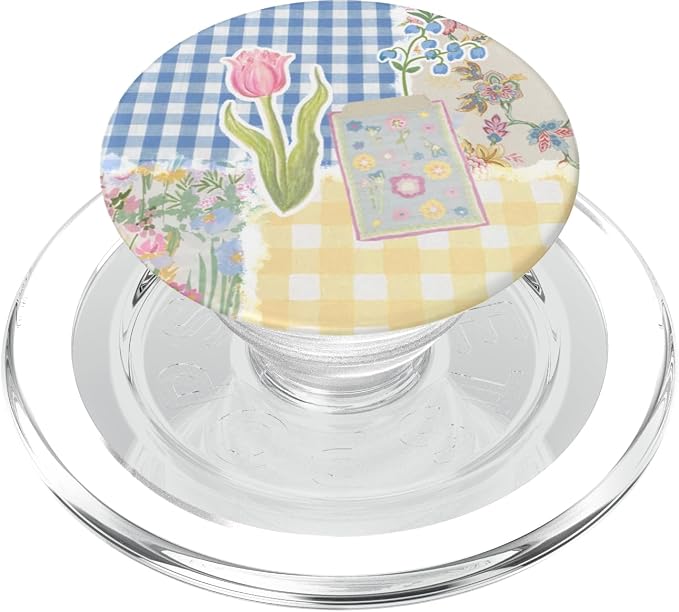 Aesthetic Gingham Pastel Blue &amp Yellow Cute Floral Patchwork PopSockets PopGrip for MagSafe