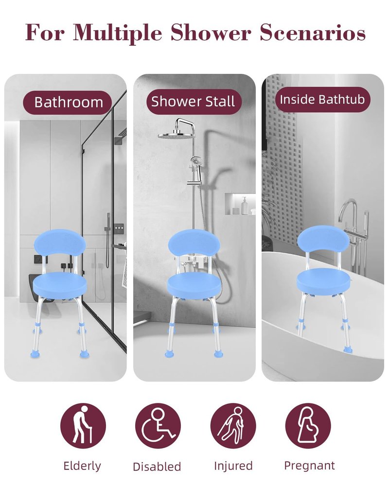 Fvzzin Swivel Shower Chair with Back, 360° Height Adjustable Shower Stool, Compact Space-Saving Design for Small Showers, Non-Slip Bathroom Chair for Seniors & Elderly (Blue)