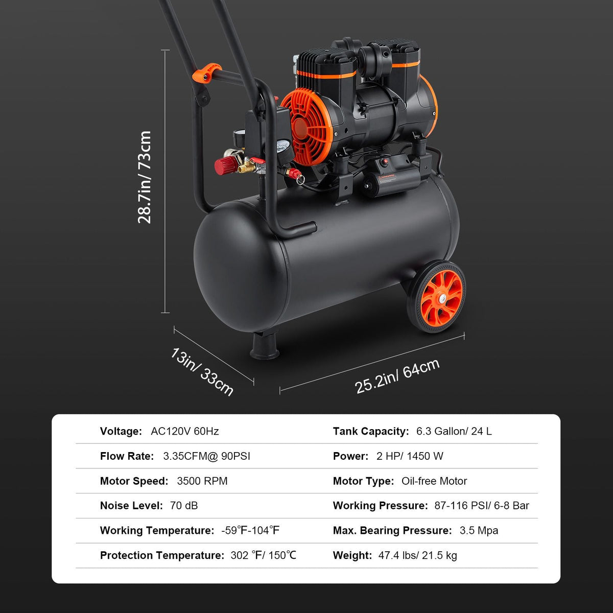 6.3 Gallon Air Compressor, 2 HP 3.35 CFM@90PSI Air Compressors with Max. 116PSI Pressure, Oil Free Compressor Tank for Auto Repair, Tire Inflation, Spray Painting, Woodwork Nailing