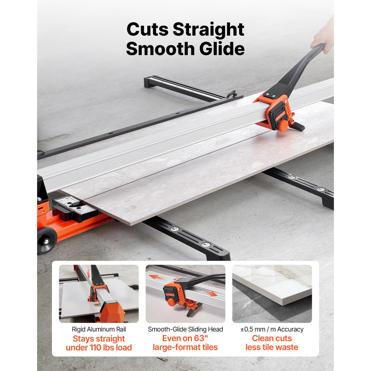 63-Inch Manual Tile Cutter, Upgraded Rail and Sliding Head, Precision Alignment Guide, Tungsten Carbide Cutting Wheel, Support Legs with Swivel Wheels, for DIY Pros, Ceramic, Floor, Wall Tiles
