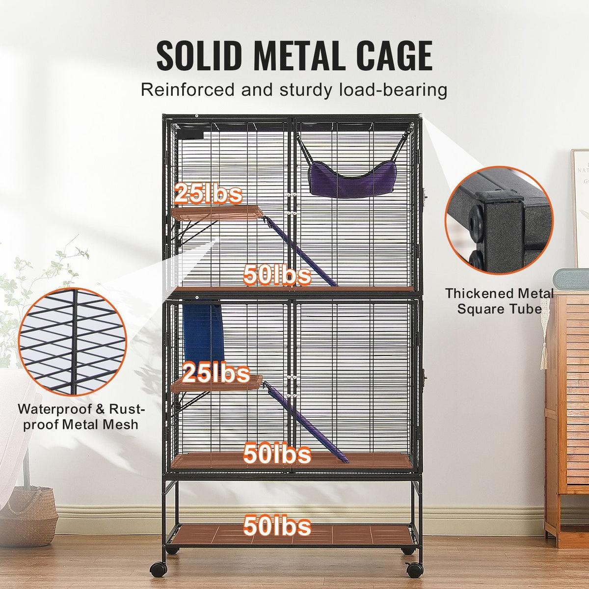 64.6" Rolling Metal Ferret Cage, Large 4-Tier Cage, Small Animal Cage with Ramps & Tray, Easy to Set up for Pet Rats, Hamster, Guinea Pig, Chinchilla, Squirrel, Hedgehogs, Bunny