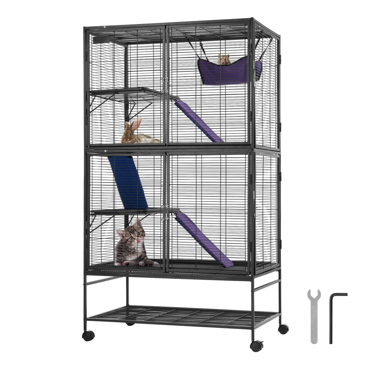 64.6" Rolling Metal Ferret Cage, Large 4-Tier Cage, Small Animal Cage with Ramps & Tray, Easy to Set up for Pet Rats, Hamster, Guinea Pig, Chinchilla, Squirrel, Hedgehogs, Bunny