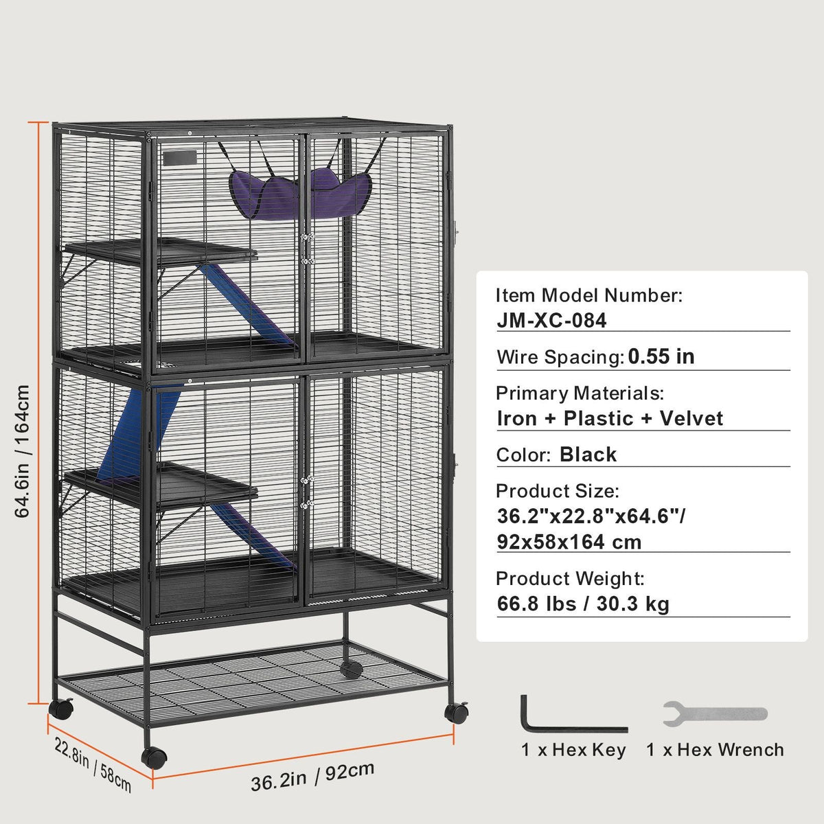 64.6" Rolling Metal Ferret Cage, Large 4-Tier Cage, Small Animal Cage with Ramps & Tray, Easy to Set up for Pet Rats, Hamster, Guinea Pig, Chinchilla, Squirrel, Hedgehogs, Bunny