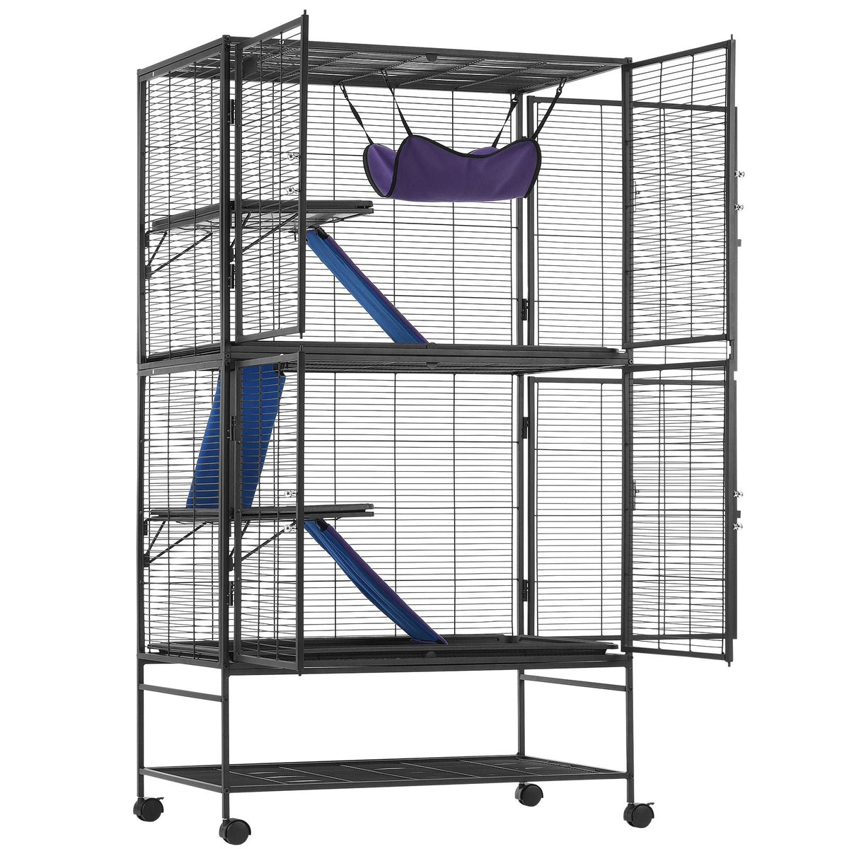 64.6" Rolling Metal Ferret Cage, Large 4-Tier Cage, Small Animal Cage with Ramps & Tray, Easy to Set up for Pet Rats, Hamster, Guinea Pig, Chinchilla, Squirrel, Hedgehogs, Bunny