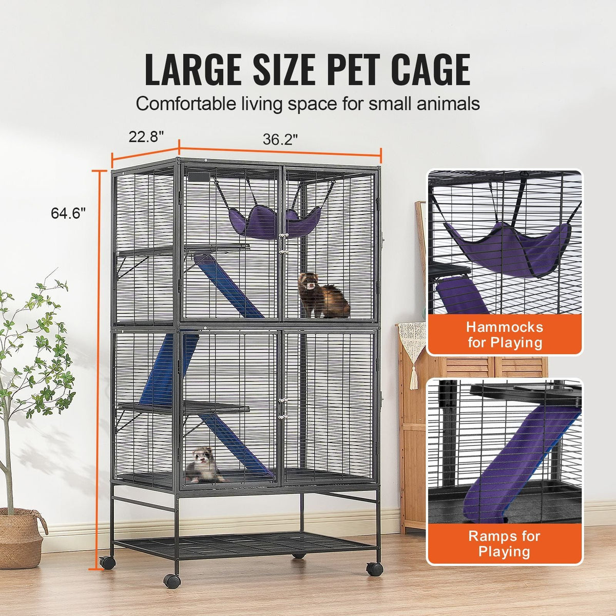 64.6" Rolling Metal Ferret Cage, Large 4-Tier Cage, Small Animal Cage with Ramps & Tray, Easy to Set up for Pet Rats, Hamster, Guinea Pig, Chinchilla, Squirrel, Hedgehogs, Bunny