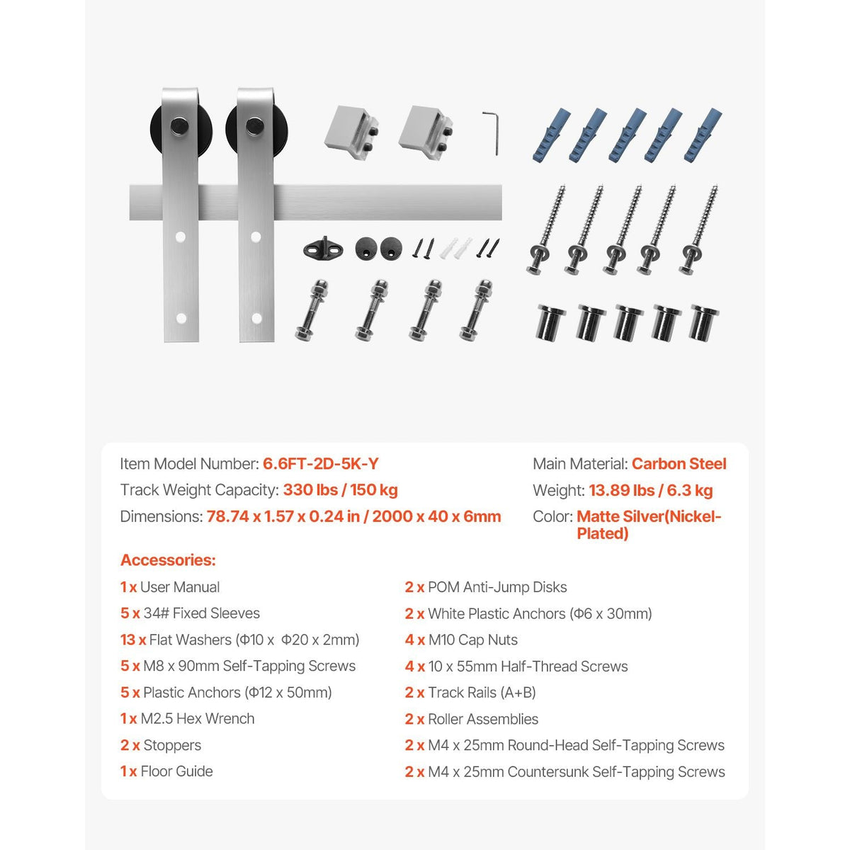 6.6FT Sliding Barn Door Hardware Kit, 330 LBS Weight Capacity, Compatible with 36 to 40 Inches Width & 1-3/8 to 1-3/4 Inches Thickness Single Sliding Barn Door, Durable Track & J-shape Roller