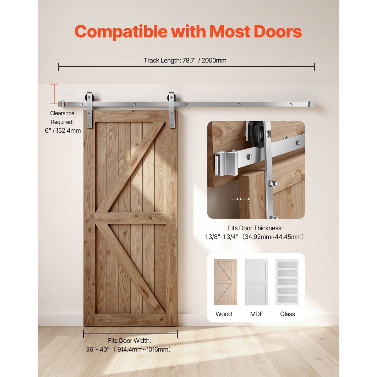 6.6FT Sliding Barn Door Hardware Kit, 330 LBS Weight Capacity, Compatible with 36 to 40 Inches Width & 1-3/8 to 1-3/4 Inches Thickness Single Sliding Barn Door, Durable Track & J-shape Roller