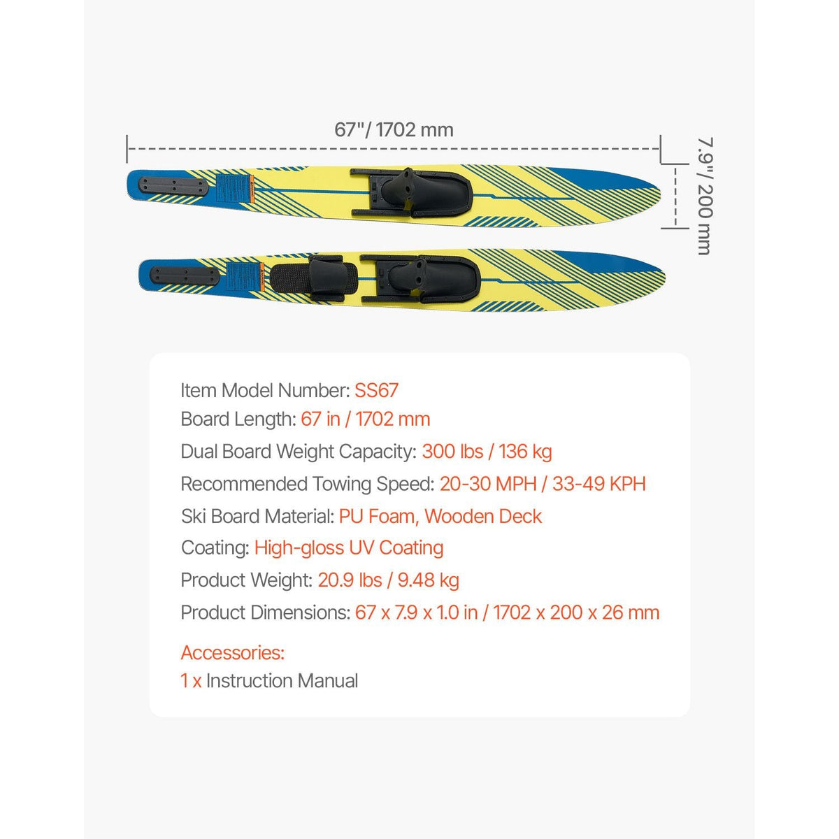 67" Water Skis, Adult Water Ski with X-9 Adjustable Horseshoe Bindings & Padded Rear Toe Plate, High-gloss UV Coating Waterskis Combo for Adults Up to 300 lbs