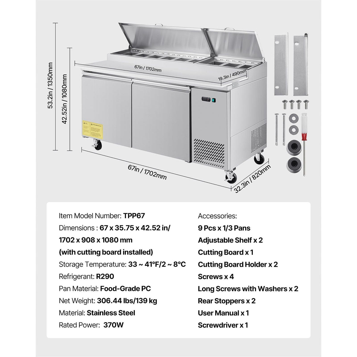 67"W Commercial Refrigerator, Pizza Prep Refrigerated Table, 20" Ultra Wide Countertop Food Prep Worktable, 20.3 Cu.Ft Single Door Salad Prep Fridge, 9 Pans Pizza Make Worktop with Cutting Board