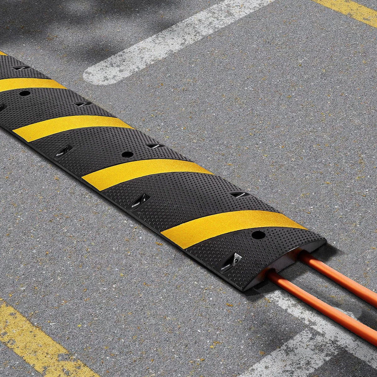 6FT Rubber Speed Bump, 2 Channel, Heavy Duty Traffic Speed Hump, 22000 lbs/axle Load Capacity, 72 in Cable Protector Ramp with Expansion Screws, for Asphalt Concrete Gravel Driveway Road, 1 Pack