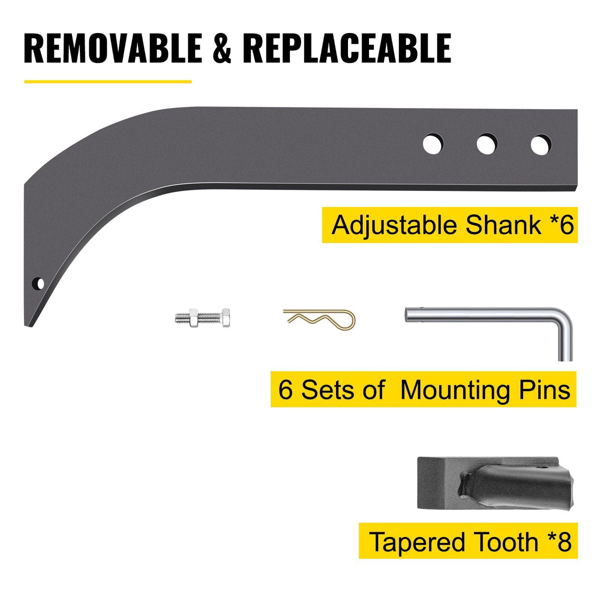 6pcs Box Blade Shank, 16\'\' Scarifier Shank, 3 Holes Box Scraper Shank, Ripper Shank with Removable Tapered Teeth and Pins, Adjustable Shanks Assembly for Replacement, Digging, Plowing