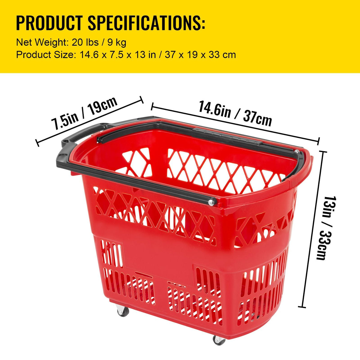 6PCS Shopping Carts, Plastic Rolling Shopping Basket with Wheels, Red Shopping Baskets with Handles, Portable Shopping Basket Set for Retail Store