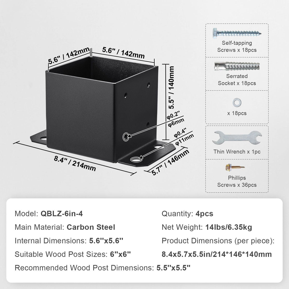 6x6 Post Base 4 Pcs, Inner Size 5.6"x5.6" Post Base Brackets, Heavy Duty Powder-Coated Post Anchor Matte Black Wood Post Brackets for Pavilion Deck Railing Support Deck Base Plate