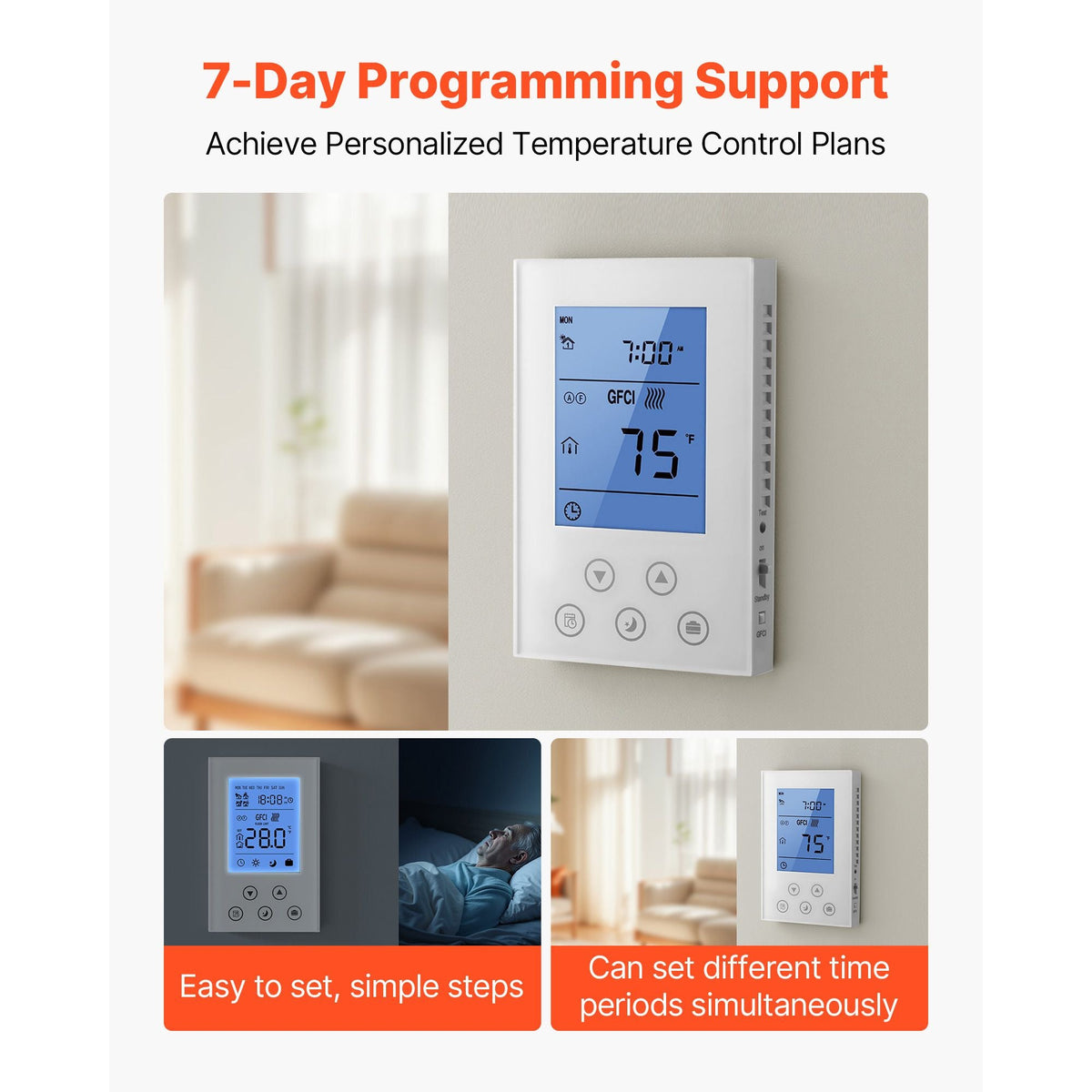 7-Day Programmable Thermostat, Home Thermostats for Radiant Underfloor Heating Cable,Heat Pump, Built-in GFCI & Sensitive Sensor, LED Screen with Backlight,Energy-Efficient,White
