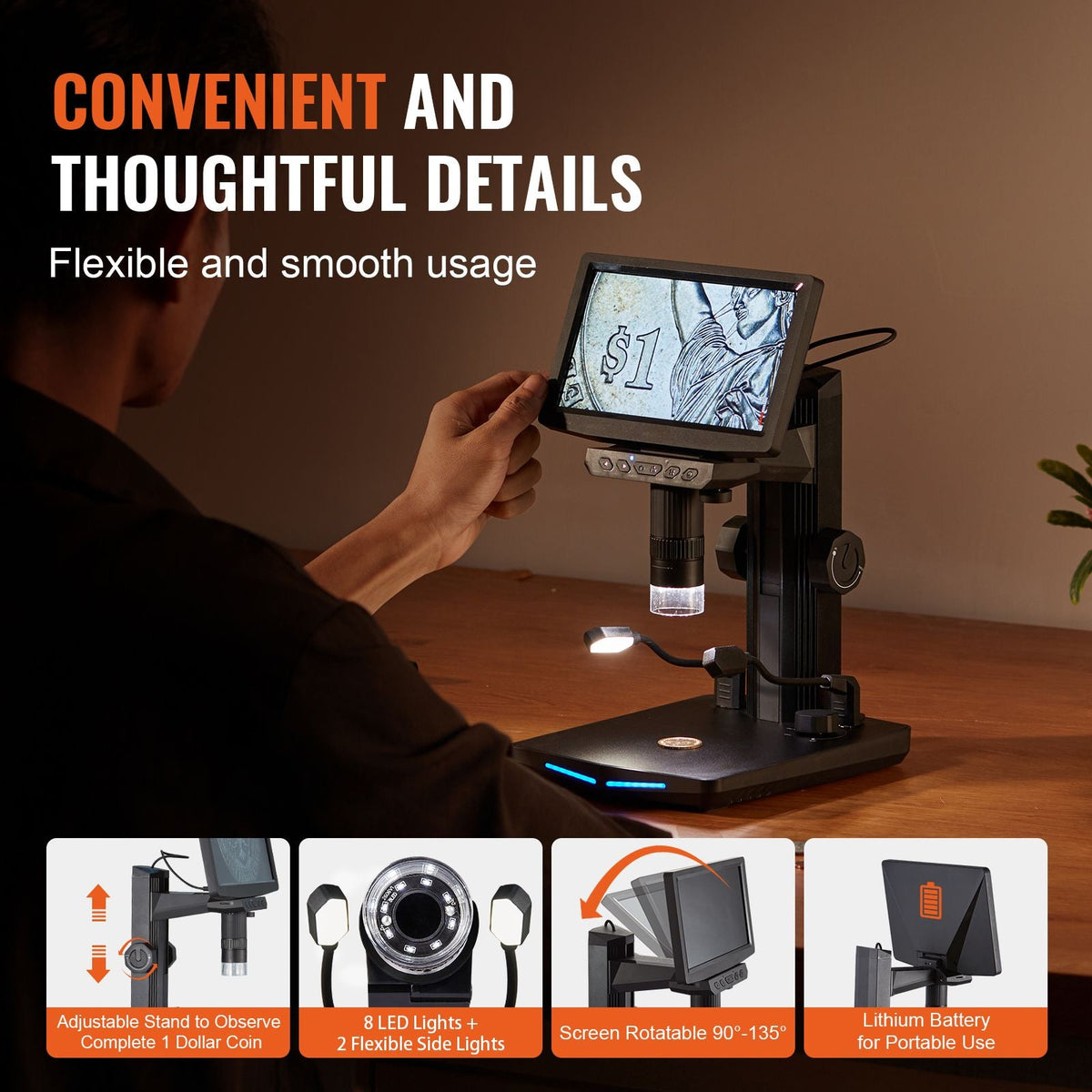 7" HDMI LCD Digital Microscope for Adults, Soldering Electron Microscope 1200X with IPS Screen, 8 LED Lights, 2 Flexible Side Lights, PC View, USB Coin Microscope for Windows/MacOS/TV, 32GB