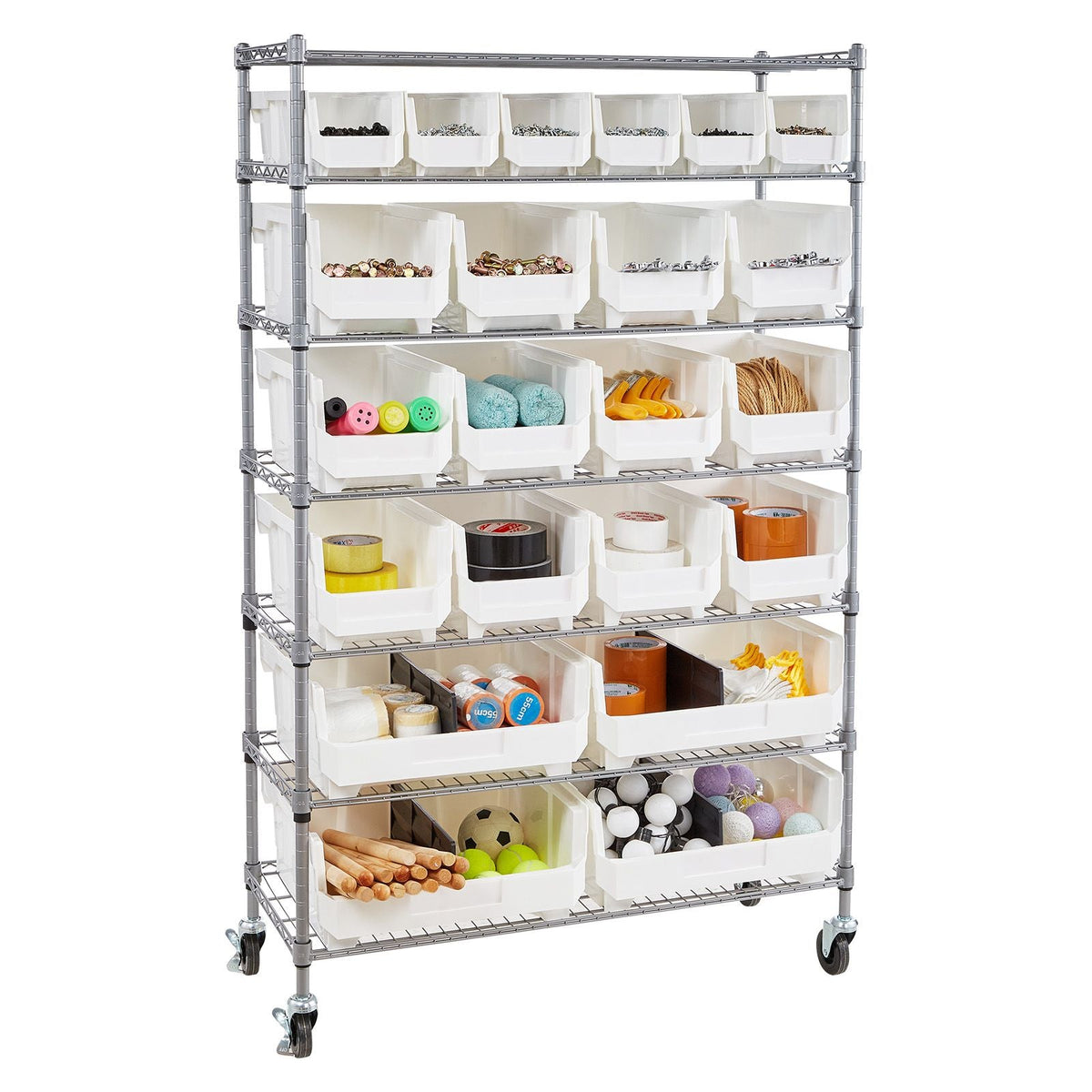 7-Tier Rolling Bin Storage Rack, 22 Organizer Bins, Bin Rack Storage Steel Wire Shelving System with Wheels, Mobile Tool Organizer for Garage, Warehouse, Office, Restaurant, Classroom, Kitchen