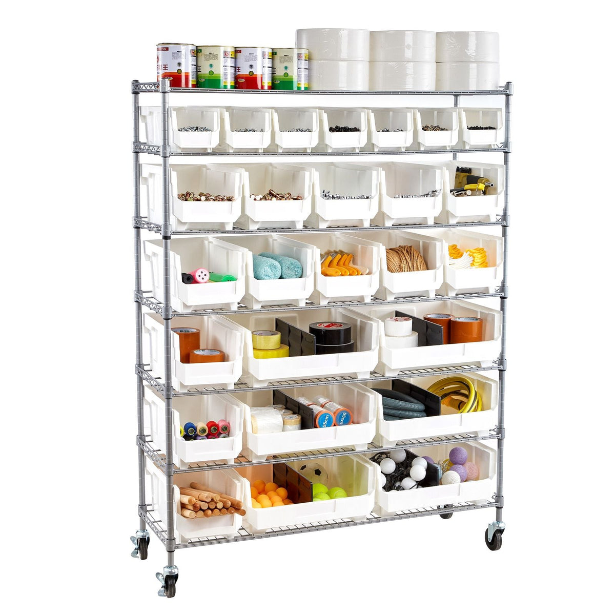7-Tier Rolling Bin Storage Rack, 26 Organizer Bins, Bin Rack Storage Steel Wire Shelving System with Wheels, Mobile Tool Organizer for Garage, Warehouse, Office, Restaurant, Classroom, Kitchen