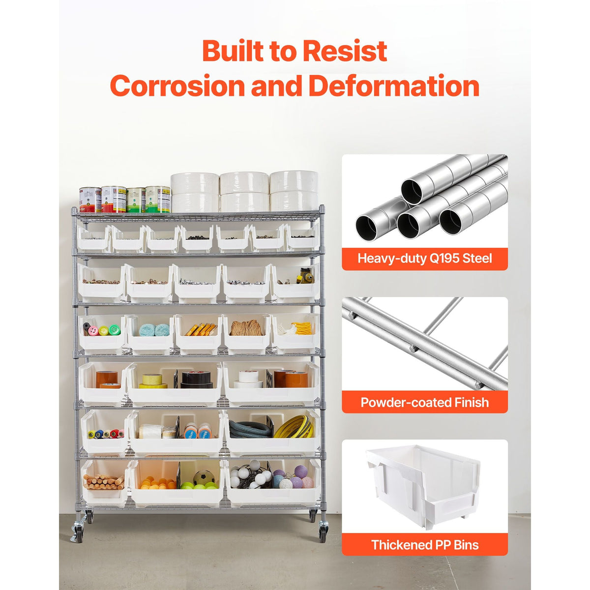 7-Tier Rolling Bin Storage Rack, 26 Organizer Bins, Bin Rack Storage Steel Wire Shelving System with Wheels, Mobile Tool Organizer for Garage, Warehouse, Office, Restaurant, Classroom, Kitchen