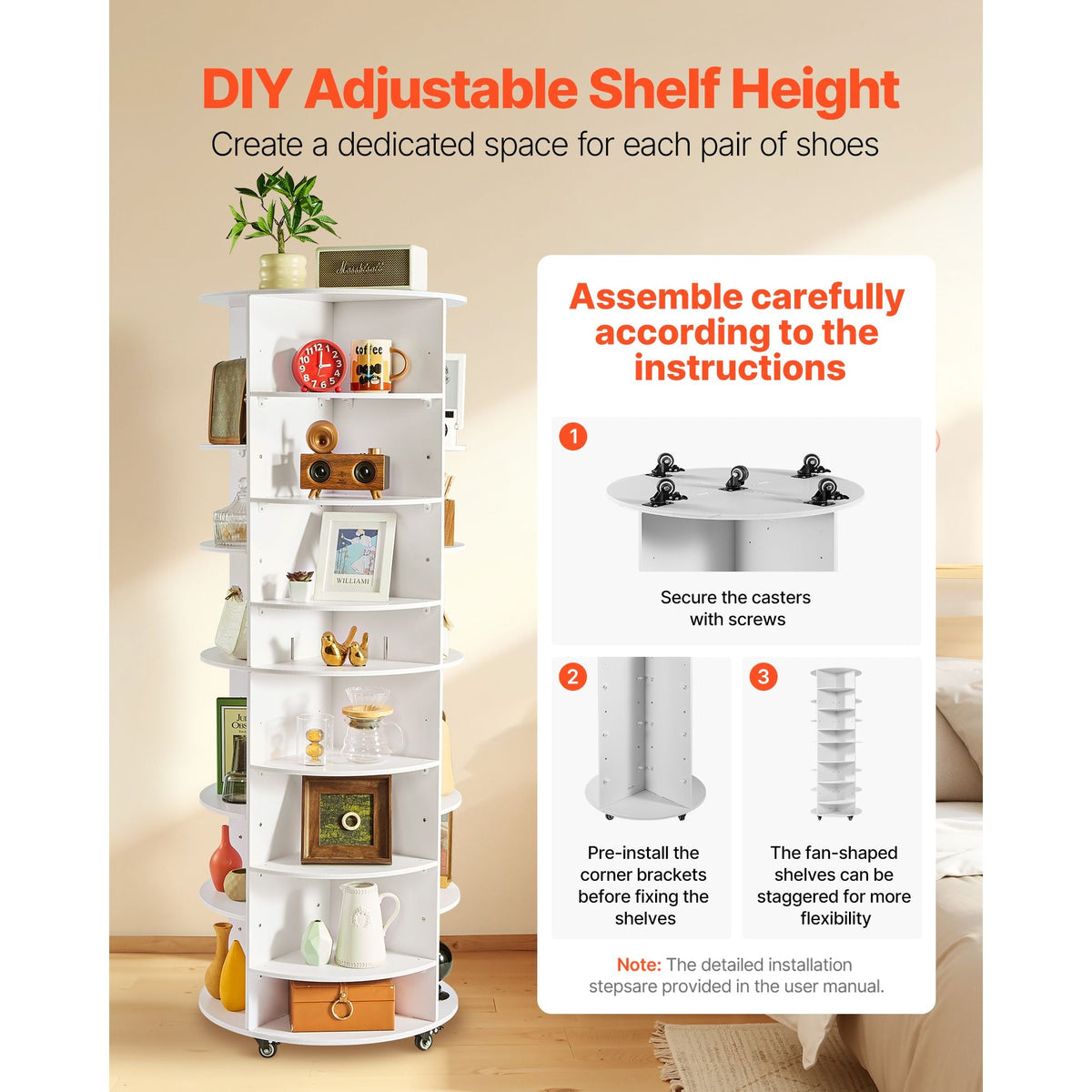 7 Tier Rotating Shoe Rack Tower with Adjustable Shelves, Movable 360° Spinning Carousel Display with Wheels, Lazy Susan Organizer Closet for Bedroom, Living Room, Entryway, Closet, White