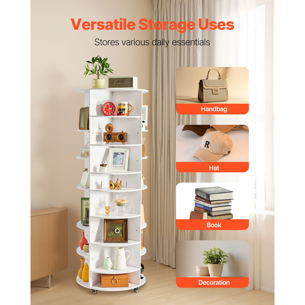 7 Tier Rotating Shoe Rack Tower with Adjustable Shelves, Movable 360° Spinning Carousel Display with Wheels, Lazy Susan Organizer Closet for Bedroom, Living Room, Entryway, Closet, White