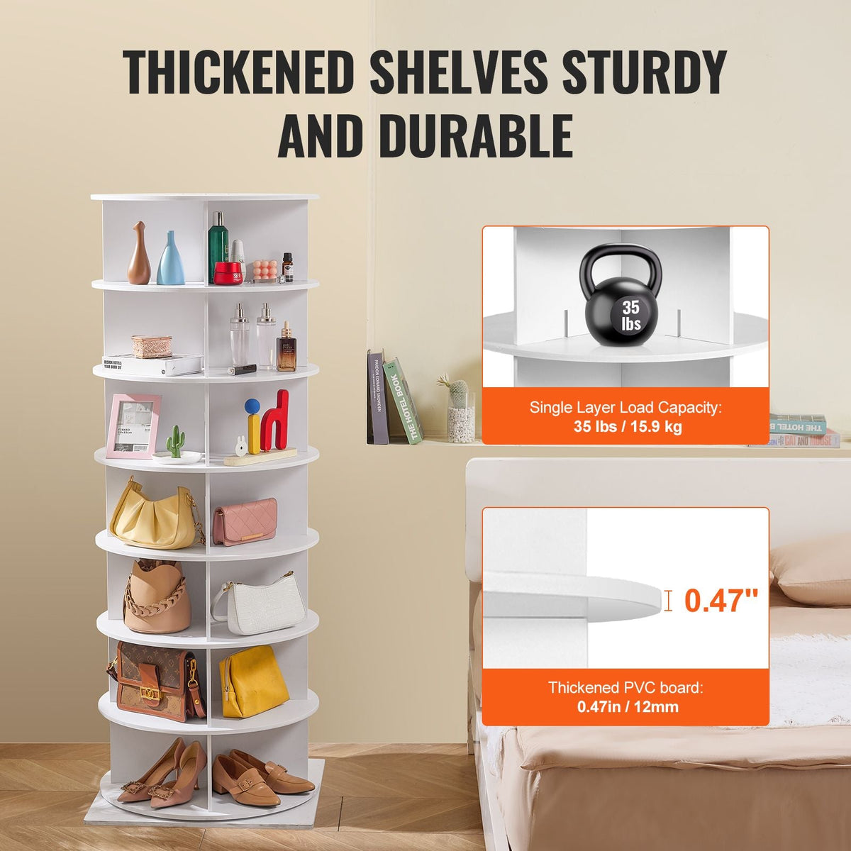 7 Tiers Rotating Shoe Rack Tower, 360°Spinning Shoe Display, Revolving Shoe Rack Storage Round Carousel, Lazy Susan Shoe Rack Organizer with Base for Bedroom, Living Room, Entryway, White