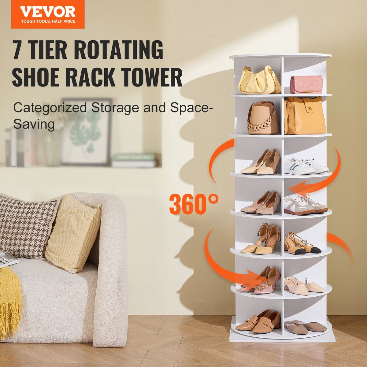 7 Tiers Rotating Shoe Rack Tower, 360°Spinning Shoe Display, Revolving Shoe Rack Storage Round Carousel, Lazy Susan Shoe Rack Organizer with Base for Bedroom, Living Room, Entryway, White