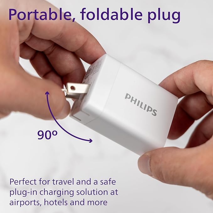 Philips iPhone Charger Fast Charging 65W USB C Charger 3-Port GaN USB C | Charger Block with USB A and USB C Foldable Fast Wall Charger for iPhone 16 Series 15 Series iPad Pro White DLP3653W/37