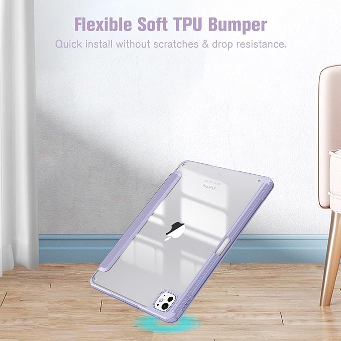 Fintie Hybrid Slim Case for iPad Pro 11-inch (M5) 2025 / (M4) 2024 - [Built-in Pencil Holder] Shockproof Protective Cover with Clear Transparent Back Shell, Lilac Purple