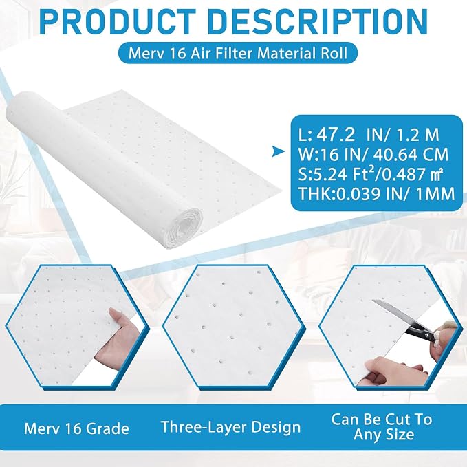 Merv 16 Filter Material, 5.24 Ft² Cut to Fit Air Vent Filters